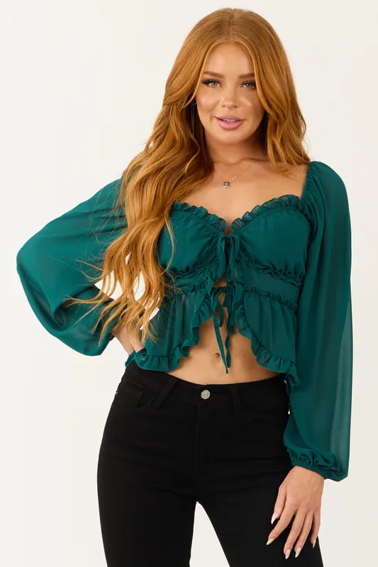 Pine Front Tie Long Bubble Sleeve Frill Trim Blouse - LE LIS