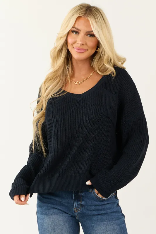 Dark Navy V Neck Chest Pocket Knit Sweater - GeeGee