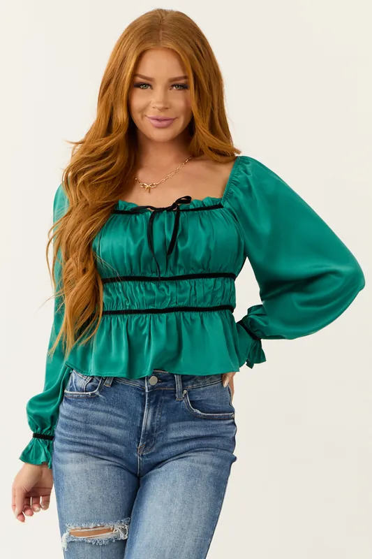 Pine Ruched Peplum Long Sleeve Satin Top - Strut & Bolt