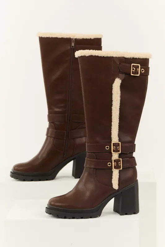 Spice Faux Leather Sherpa Lined Tall Platform Boots - FORTUNE DYNAMIC