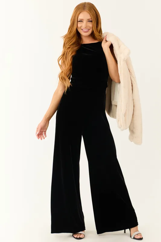 Black Velvet Sleeveless Wide Leg Jumpsuit - Salt&Pepper
