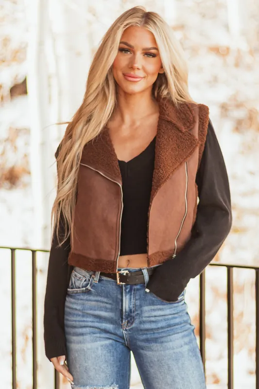 Sepia Faux Suede Sherpa Lined Zip Up Vest - HYFVE