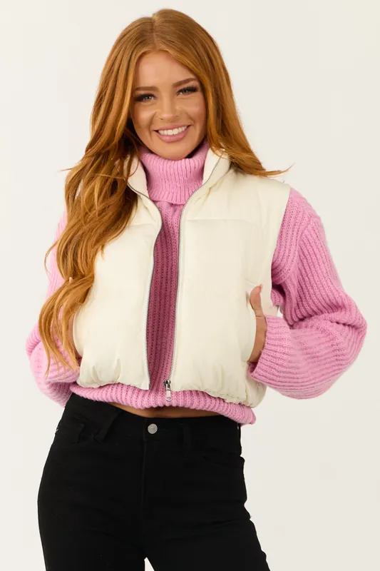 Cream Cropped Zip Up Padded Puffer Vest with Tie - HYFVE