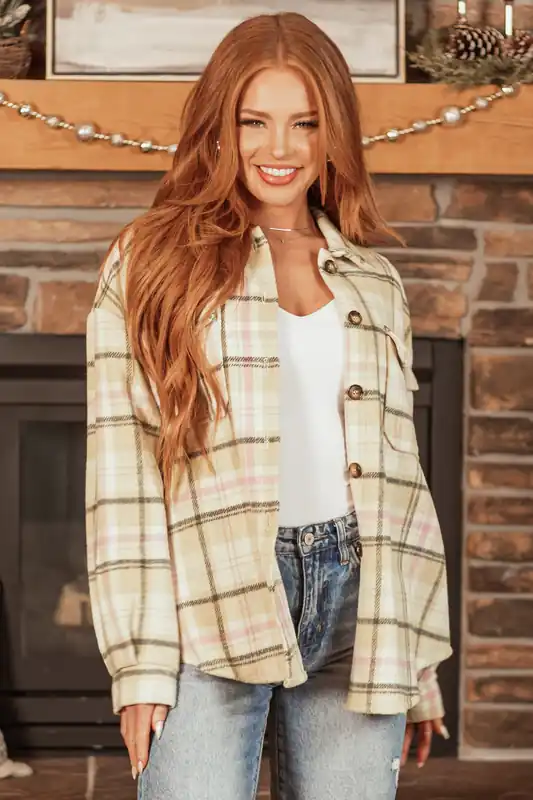 Beige Plaid Button Up Collared Shacket - HYFVE