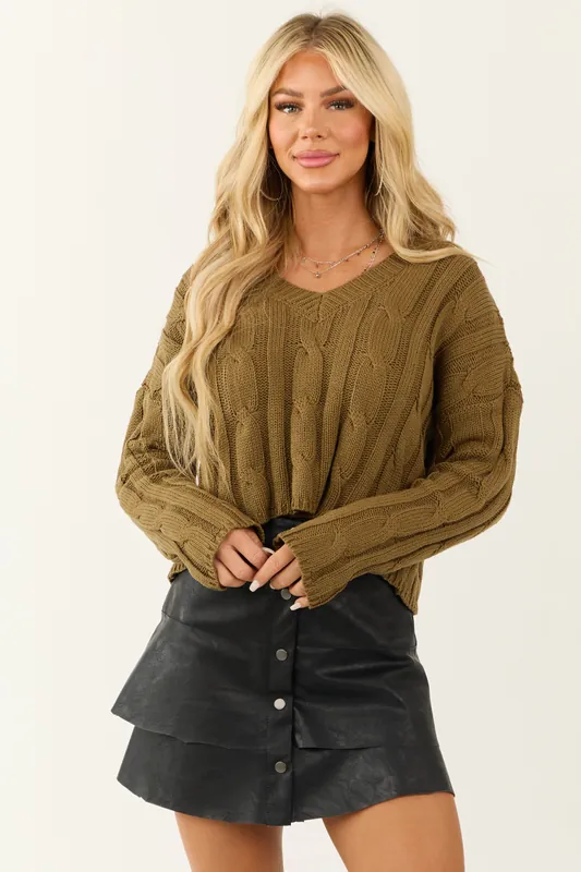 Olive Cable Knit V Neckline Cropped Sweater - HYFVE