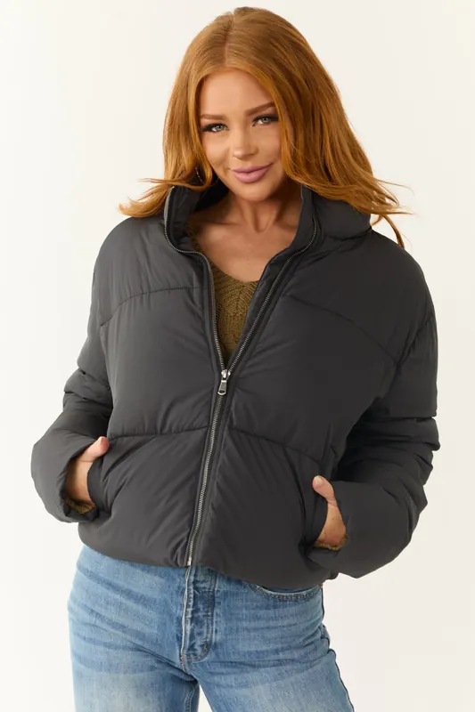 Black Zip Up Collared Quilted Puffer Jacket - HYFVE