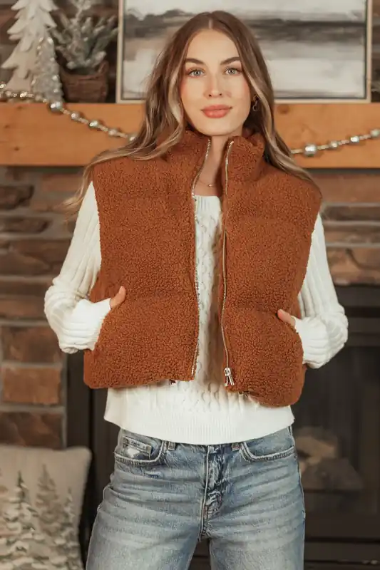 Spice Sherpa Zip Up Collared Puffer Vest - HYFVE