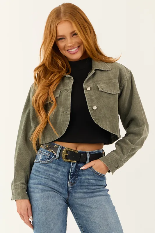 Olive Washed Corduroy Button Down Crop Jacket - IDEM DITTO