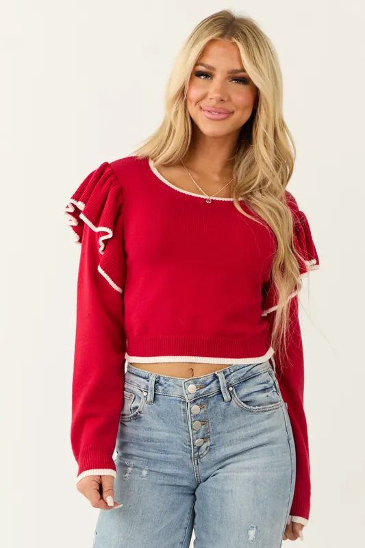 Lipstick Ruffle Shoulder Cropped Sweater - Day + Moon