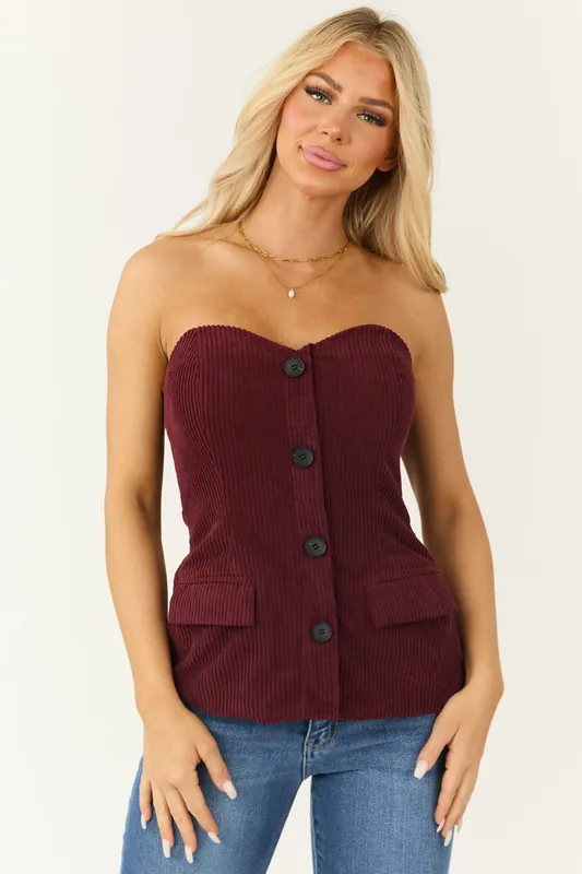 Burgundy Corduroy Sweetheart Strapless Top - Fore Collection