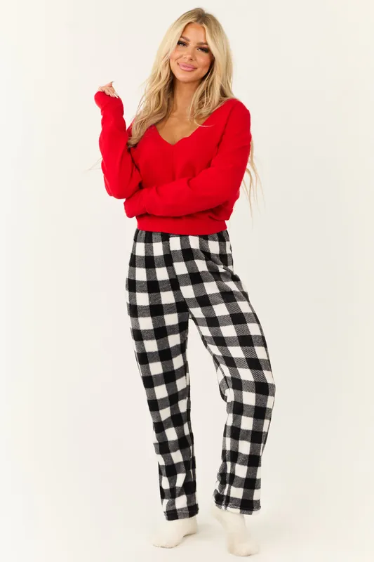 White and Black Buffalo Plaid Fleece Pajama Pants - JRB Collection