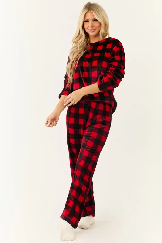 Black and Ruby Checkered Plaid 2 Piece Soft Pajama Set - JRB Collection