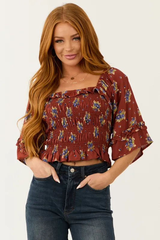 Chestnut Floral Print Smocked Bodice Crop Top - ANGIE