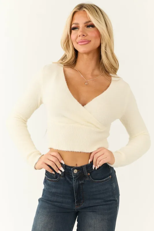 Cream Surplice Wrap Eyelash Knit Sweater - I JOAH