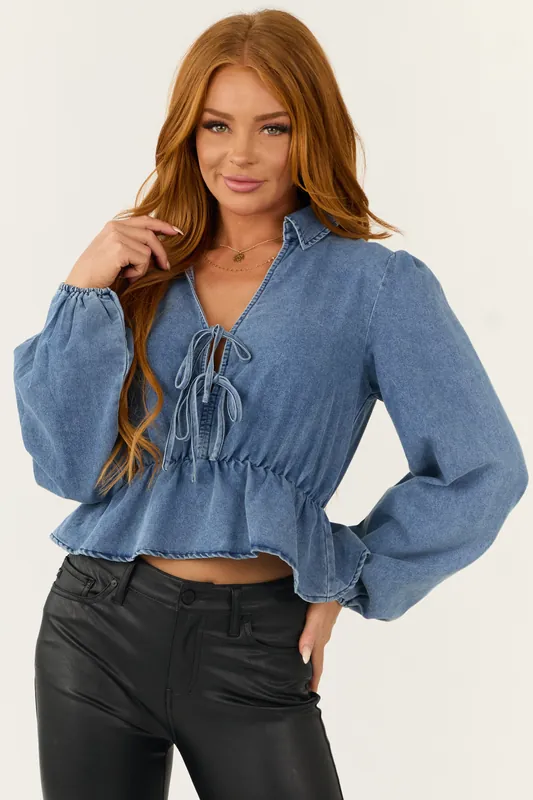 Medium Wash Tie Neckline Denim Peplum Top - IDEM DITTO