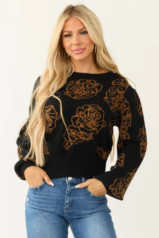 Black Flower Pattern Knit Long Sleeve Sweater - Listicle