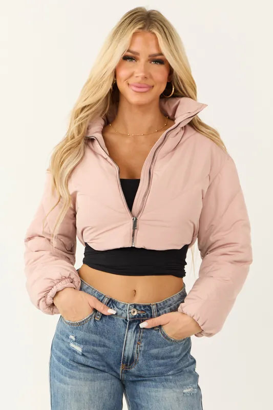 Dusty Blush Super Cropped Zip Up Puffer Jacket - Style Melody