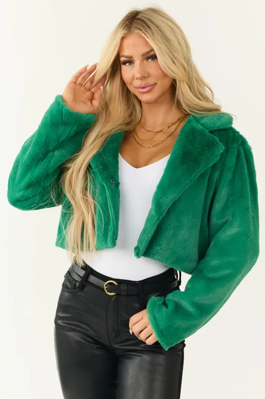 Kelly Green Faux Fur Long Sleeve Cropped Jacket - Love Poem