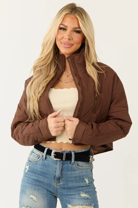 Sepia Zip Up Quilted Puffer Cropped Jacket - Love Poem