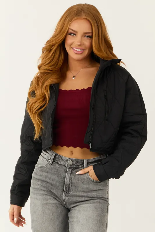 Black Zip Up Quilted Puffer Cropped Jacket - Love Poem