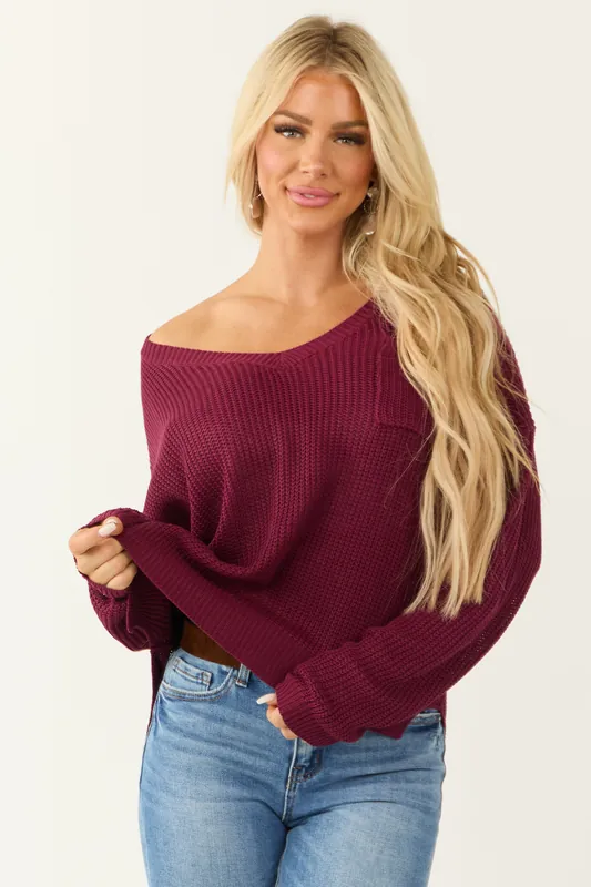 Wine V Neck Chest Pocket Knit Sweater - GeeGee