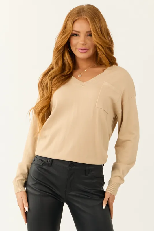 Beige Long Sleeve V Neck Chest Pocket Sweater - GeeGee