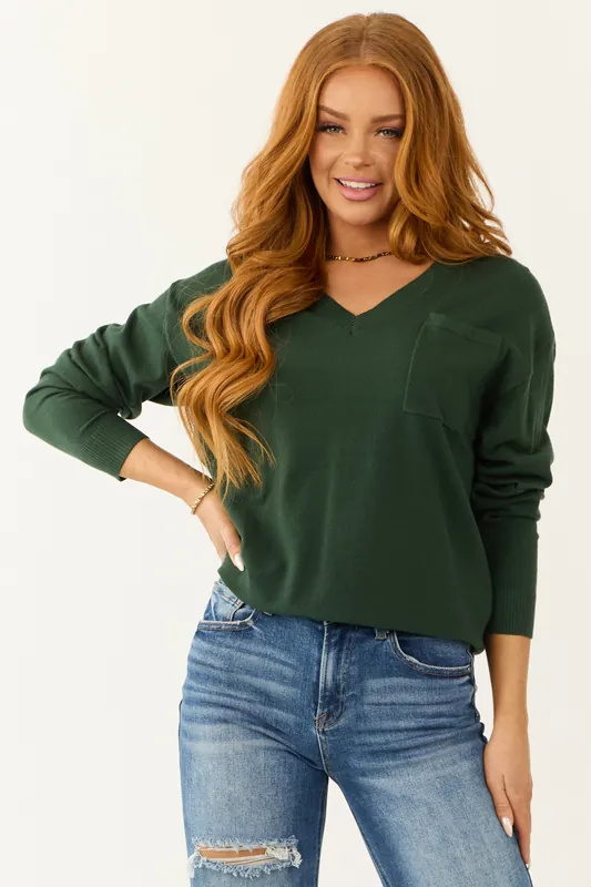 Pine Long Sleeve V Neck Chest Pocket Sweater - GeeGee