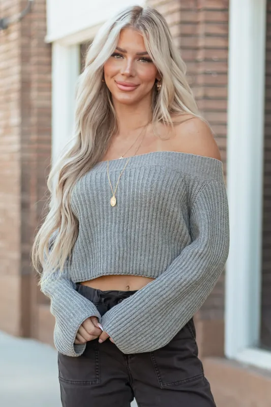 Steel Off the Shoulder Long Sleeve Crop Sweater - GeeGee