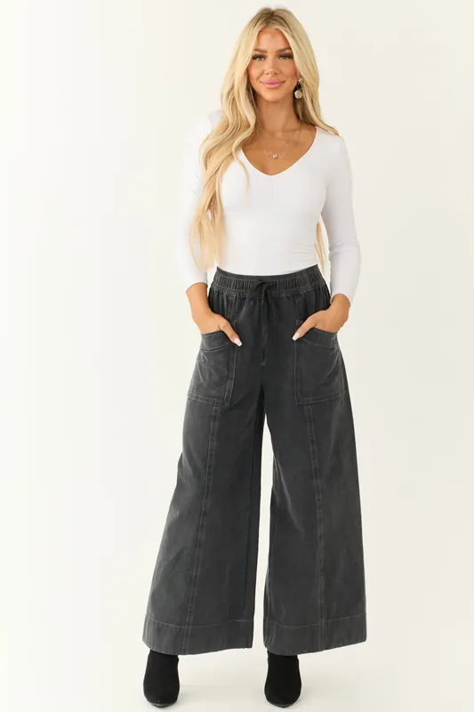 Charcoal Mineral Wash Elastic Waist Wide Leg Pants - Mittoshop