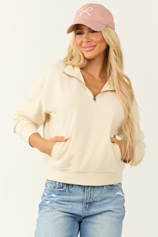 Cream Half Zip Up Knit Long Sleeve Sweatshirt - HYFVE