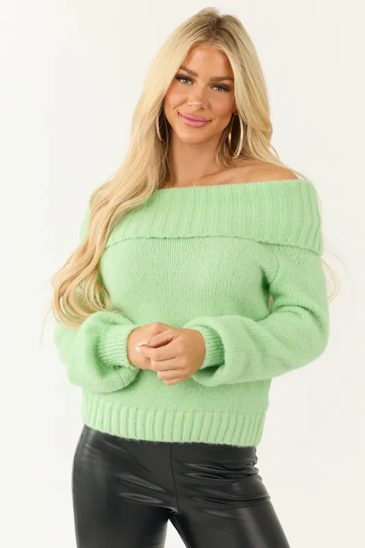 Lime Fold Over Off Shoulder Neckline Sweater - HYFVE