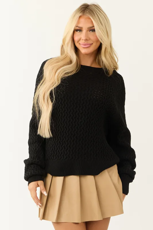 Black Long Sleeve Zig Zag Knit Crew Neck Sweater - HYFVE
