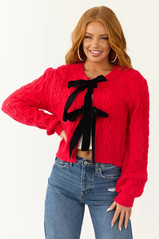 Scarlet Cable Knit Velvet Bow Tie Sweater Cardigan - BiBi
