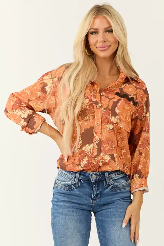 Tangerine Embroidery Trim Floral Pocket Blouse - Fore Collection