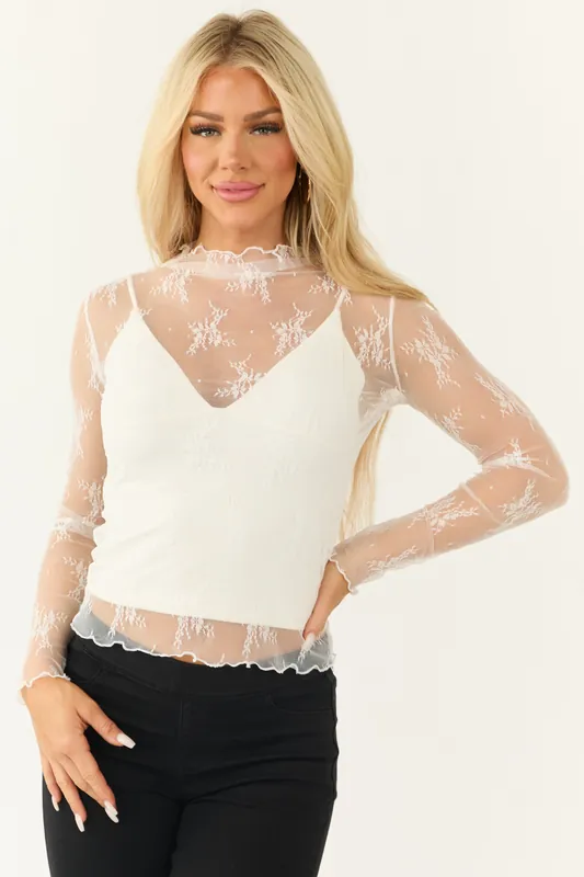 Ivory Long Sleeve High Neck Thumbhole Floral Mesh Top - Shoppingwill