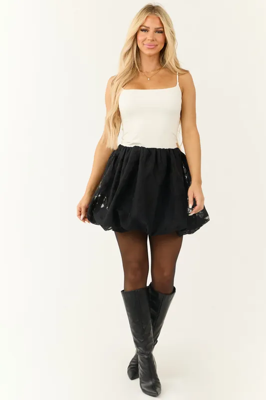 Black Burnout Floral Mesh Bubble Mini Skirt - Promesa