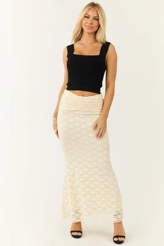 Cream Studded Floral Lace Ruched Maxi Skirt - Promesa
