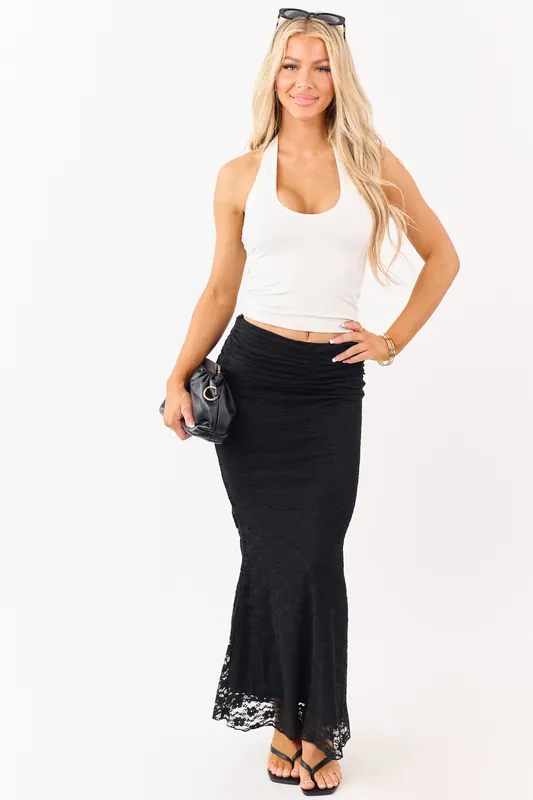 Black Studded Floral Lace Ruched Maxi Skirt - Promesa