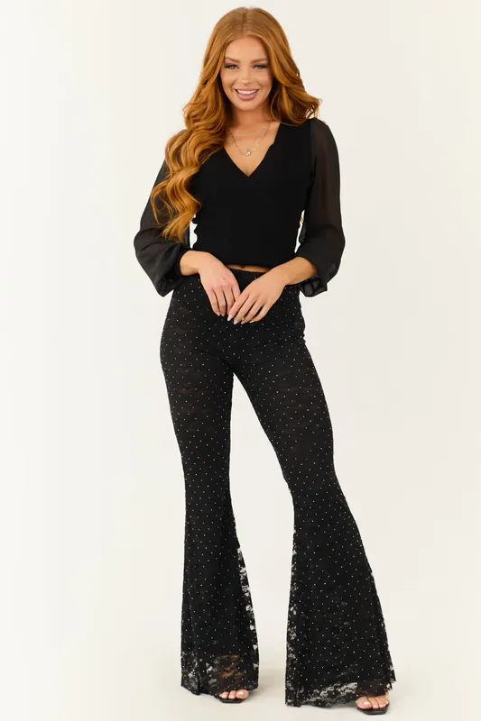 Black Studded Floral Lace High Waist Pants - Promesa