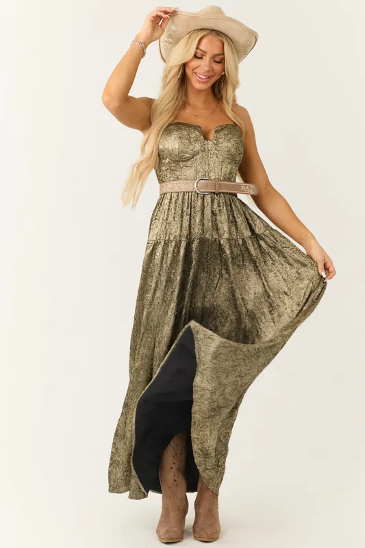 Gold Textured Metallic Corset Sleeveless Maxi Dress - Promesa