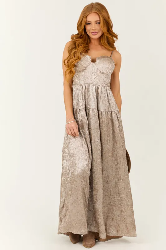Champagne Textured Metallic Corset Sleeveless Maxi Dress - Promesa