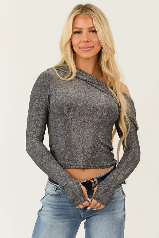 Silver Metallic Shimmer Thumbhole Sleeve Top - Promesa