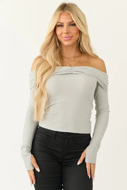 Heather Grey Rhinestone Studded Metallic Off Shoulder Top - Promesa