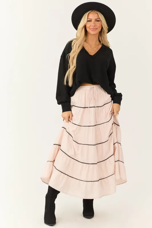 Tea Rose Contrast Tie Waist Tiered Maxi Skirt - Listicle