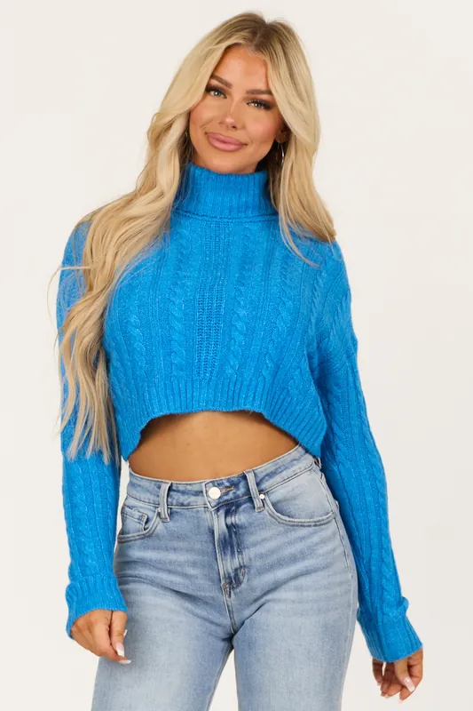 Azure Cropped Cable Knit Turtleneck Sweater - My Closet