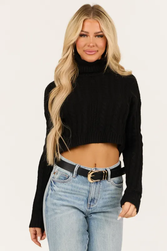 Black Cropped Cable Knit Turtleneck Sweater - My Closet
