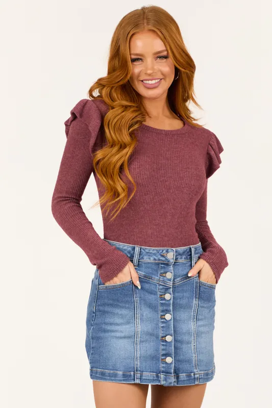 Berry Ruffle Shoulder Ribbed Knit Bodysuit - Gilli