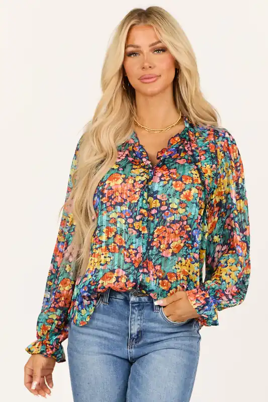 Teal Colorful Floral Lurex Frill V Neck Blouse - Umgee