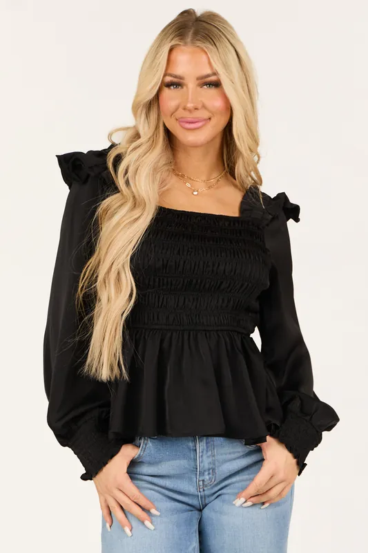 Black Satin Smocked Ruffle Peplum Square Neck Blouse - Umgee