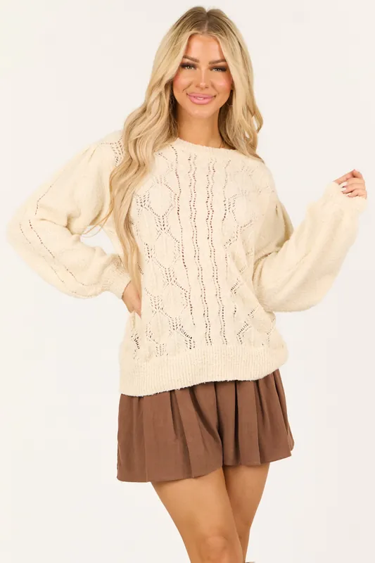 Cream Long Sleeve Pointelle Knit Crew Neck Sweater - Umgee